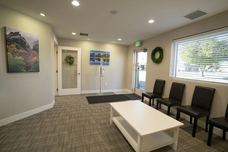 Waiting room seating near the front entrance